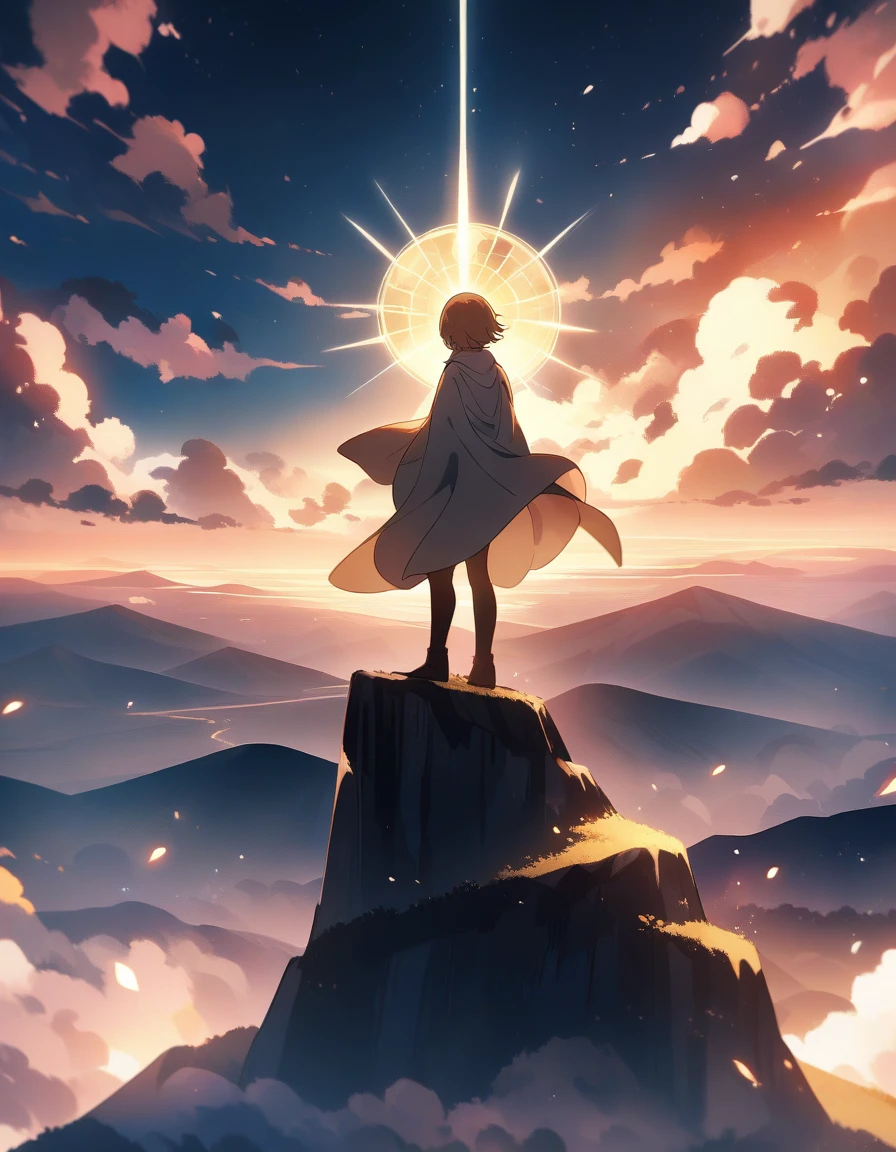 Depict a serene, ethereal scene with a young character standing on a hilltop at sunrise, looking out over a vast, beautiful landscape. The character, with hopeful eyes and a determined expression, has light shining down from the sky, symbolizing divine support and guidance. In the background, faint, soft clouds form the shape of an encouraging figure, representing a divine presence watching over them.Anime Style