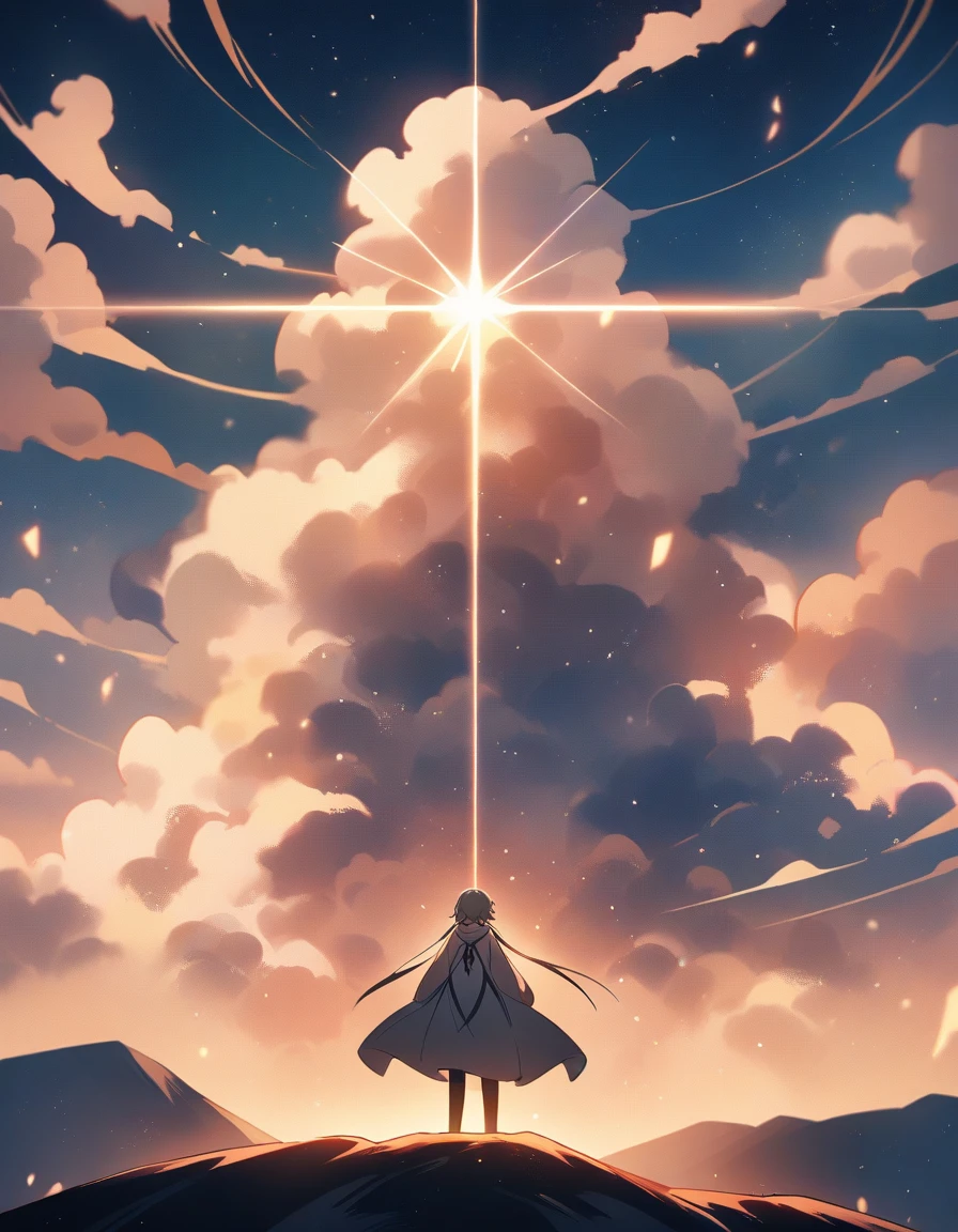 Depict a serene, ethereal scene with a young character standing on a hilltop at sunrise, looking out over a vast, beautiful landscape. The character, with hopeful eyes and a determined expression, has light shining down from the sky, symbolizing divine support and guidance. In the background, faint, soft clouds form the shape of an encouraging figure, representing a divine presence watching over them.Anime Style