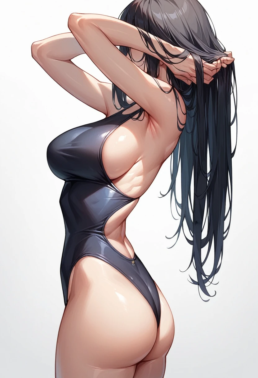 masterpiece,Highest quality,High resolution,shape,Very detailed,8k CG wallpaper,One Girl,Ray Tracing,Beautiful breasts,Long black hair, Black oversized swimsuit,White background,Her butt is facing me,Hands in hair,Turning around,profile