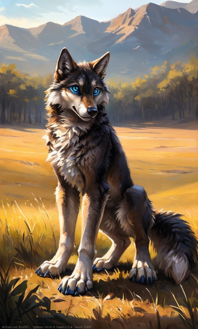 ((Solo)), male people, anthro wolf, (Multi-colored fur, White-brown:1.3,White tail pointed), (Height 2.1m,Tail length 1.5m), ((Wolf face, Big eyes, White eyelids, Blue pupil, Slim:1.2) (Tough, Calm expression:1.2)), Abs, Slim, pinging)), (Correct anatomy), Naked all over the body,A long big tail,Feet,(Realistic fur, Detailed fur texture, labeled:1.3)), (Natural lighting), Photorealistic, Hyperrealistic, ultradetailed, by Kenket,Field,No artifacts