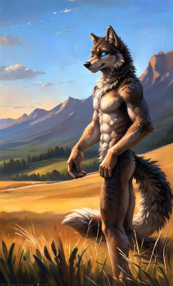 ((Solo)), male people, anthro wolf, (Multi-colored fur, White-brown:1.3，White tail pointed), (Height 2.1m,Tail length 1.5m), ((Wolf face, Big eyes, White eyelids, Blue pupil, Slim:1.2) (Tough, Calm expression:1.2)), Abs, Slim, pinging)), (Correct anatomy), Naked all over the body,A long big tail，Feet，(Realistic fur, Detailed fur texture, labeled:1.3)), (Natural lighting), Photorealistic, Hyperrealistic, ultradetailed, by Kenket，Field，No artifacts