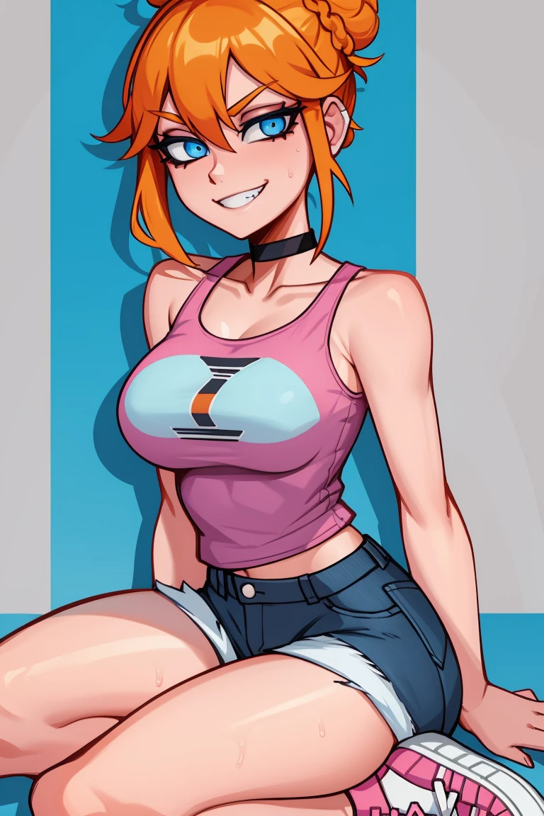 1girl, solo, orange hair, twin buns, blue eyes, eyeliner, light grin, medium breasts, pink t-shirt, black choker, bare shoulders, denim shorts, light blue sneakers