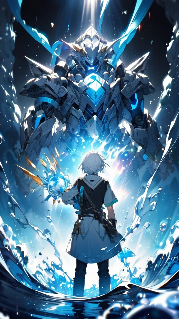 anime style man with (white hair) and green eyes unleashing cool (water) magic from his one hand, the other arm is metal, robot arm, water, water particles, blue and white tinted black clothing, surrounded by vibrant water particles, emitting a cool, blue-white hue, ultra detailed, digital painting, with dramatic lighting, vivid colors, anime style from Mushoku Tensei: Jobless Reincarnation, from behind, facing viewer, looking back, from above