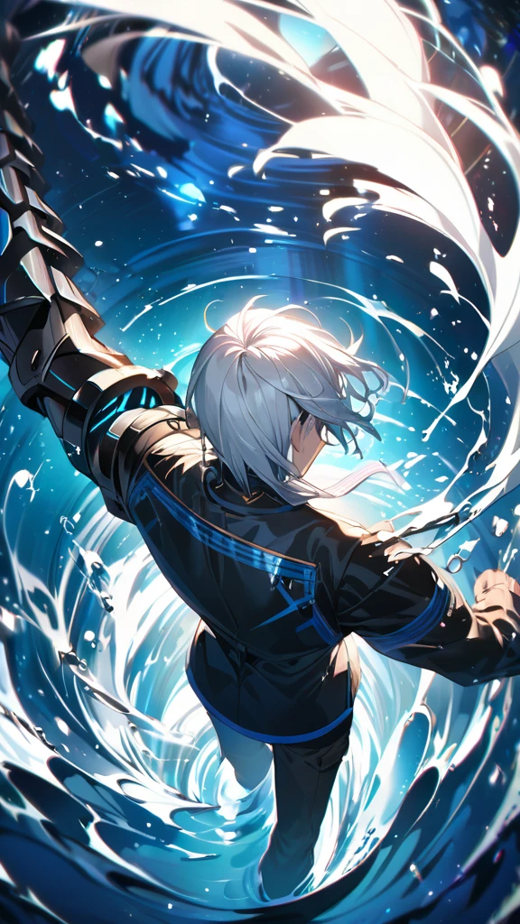 anime style man with (white hair) and green eyes unleashing cool (water) magic from his one hand, the other arm is metal, robot arm, water, water particles, blue and white tinted black clothing, surrounded by vibrant water particles, emitting a cool, blue-white hue, ultra detailed, digital painting, with dramatic lighting, vivid colors, anime style from Mushoku Tensei: Jobless Reincarnation, from behind, facing viewer, looking back, from above
