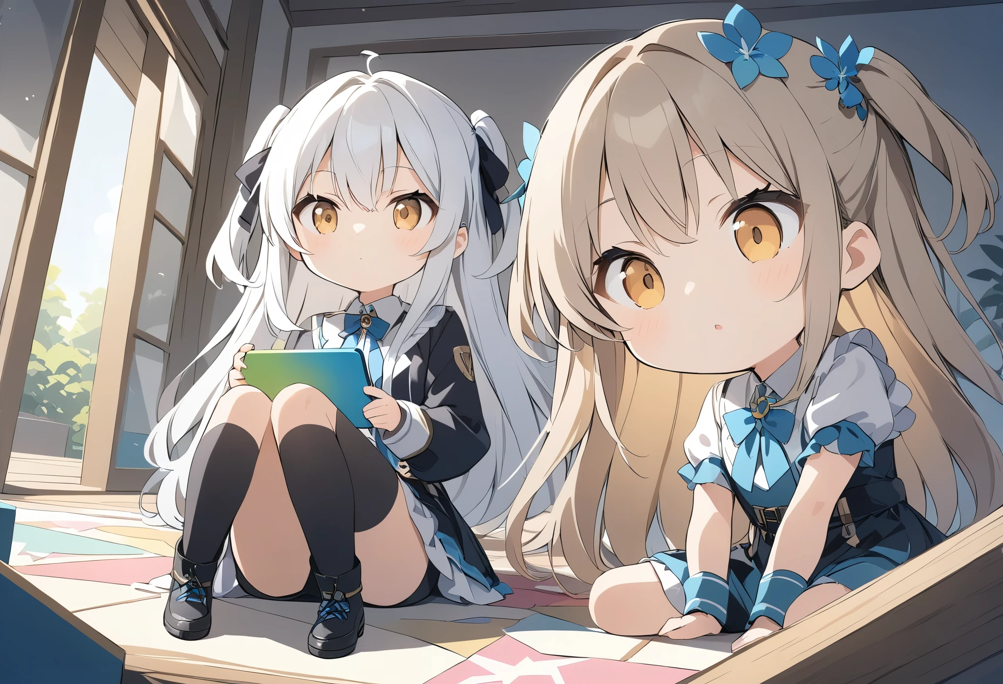 Anime Drawing,Golden Ratio,Very detailed、Very absurd、超High resolution, Attention to detail, high quality, High resolution, 最high quality, 4K, 8K,milky white hair, long hair, hair between eyes, wavy hair, extra-long sideburns, two side up,Girls playing games、(Panic look)、Sitting on the floor,Young girl、Colorful girls room,,Light brown hair、Light shines into the room、Light production,(One Girl:1.2)