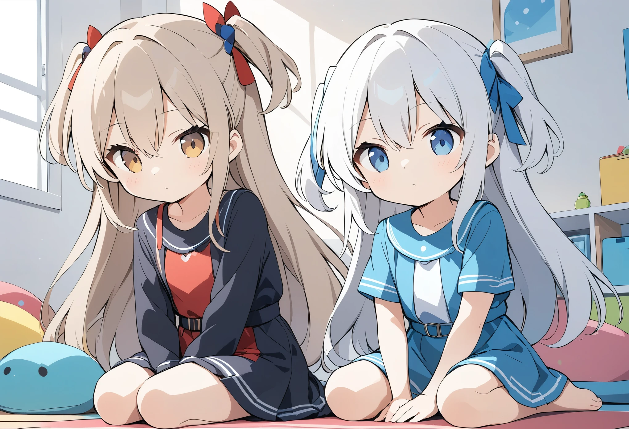 Anime Drawing,Golden Ratio,Very detailed、Very absurd、超High resolution, Attention to detail, high quality, High resolution, 最high quality, 4K, 8K,milky white hair, long hair, hair between eyes, wavy hair, extra-long sideburns, two side up,Girls playing games、(Panic look)、Sitting on the floor,Young girl、Colorful girls room,15 years old,Light brown hair、Light shines into the room、Light production,(One Girl:1.2)