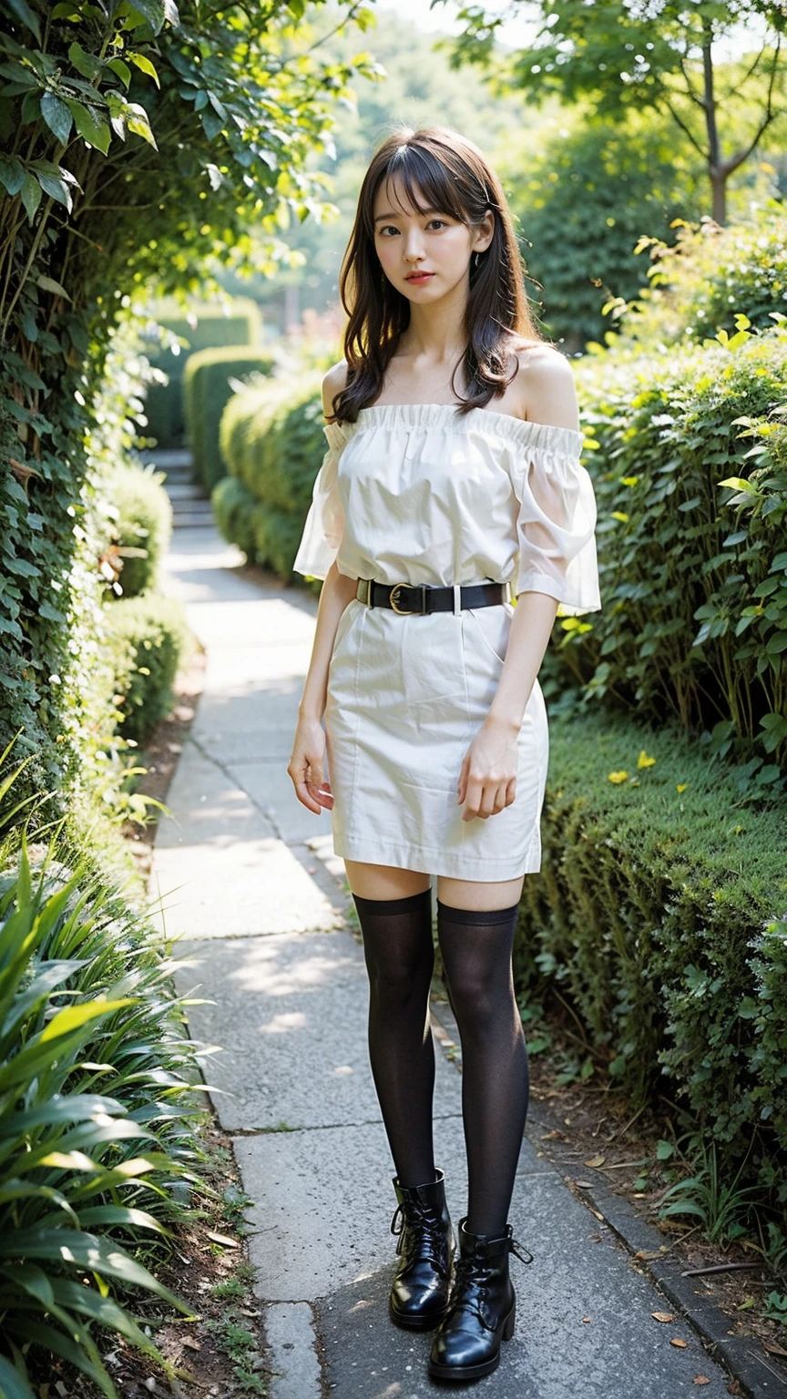 (8K、RAW Photos、Highest quality、masterpiece:1.2)、(Realistic、Realistic)、1 Girl、((Long dress、Off the shoulder、See-through、black、Thin legs、whole body、boots、tights、garden、View from the front、Looking into the camera、belt、Stand with hands on hips))、cute