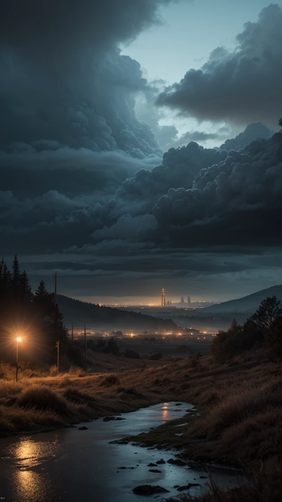 masterpiece, best quality, highly detailed, best quality, UHD, 8k, wallpaper, cinematic, Post-apocalyptic, 5K night landscape, rain, wilderness, dramatic clouds, beautiful colours, scene design, light coronas, light and shadow, cinematic lighting, sharp image, distant city lights, intricate details