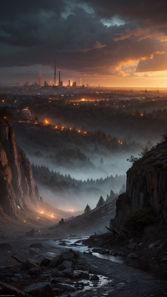 masterpiece, best quality, highly detailed, best quality, UHD, 8k, wallpaper, cinematic, Post-apocalyptic, 5K night landscape, rain, wilderness, dramatic clouds, beautiful colours, scene design, light coronas, light and shadow, cinematic lighting, sharp image, distant city lights, intricate details
