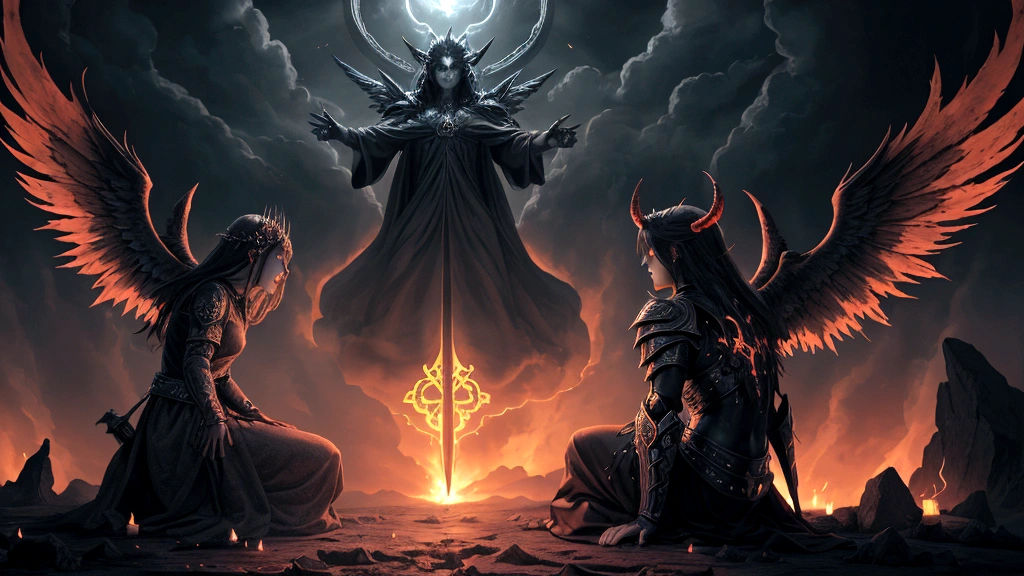 "Description: Create a composite image contrasting Heaven and Hell to serve as a visual representation of the biblical teachings. On one side, depict the glory of Heaven with its radiant light, divine architecture, and joyful fellowship. On the other side, portray the desolation of Hell with its dark, fiery landscape, tortured souls, and eternal separation from God.

Details: Use a central dividing line or composition to separate Heaven and Hell visually. Utilize contrasting colors, lighting effects, and symbols to highlight the stark difference between the two realms. Include subtle details like angelic figures in Heaven and demonic elements in Hell to reinforce the spiritual dimensions of reward and consequence as described in biblical texts."