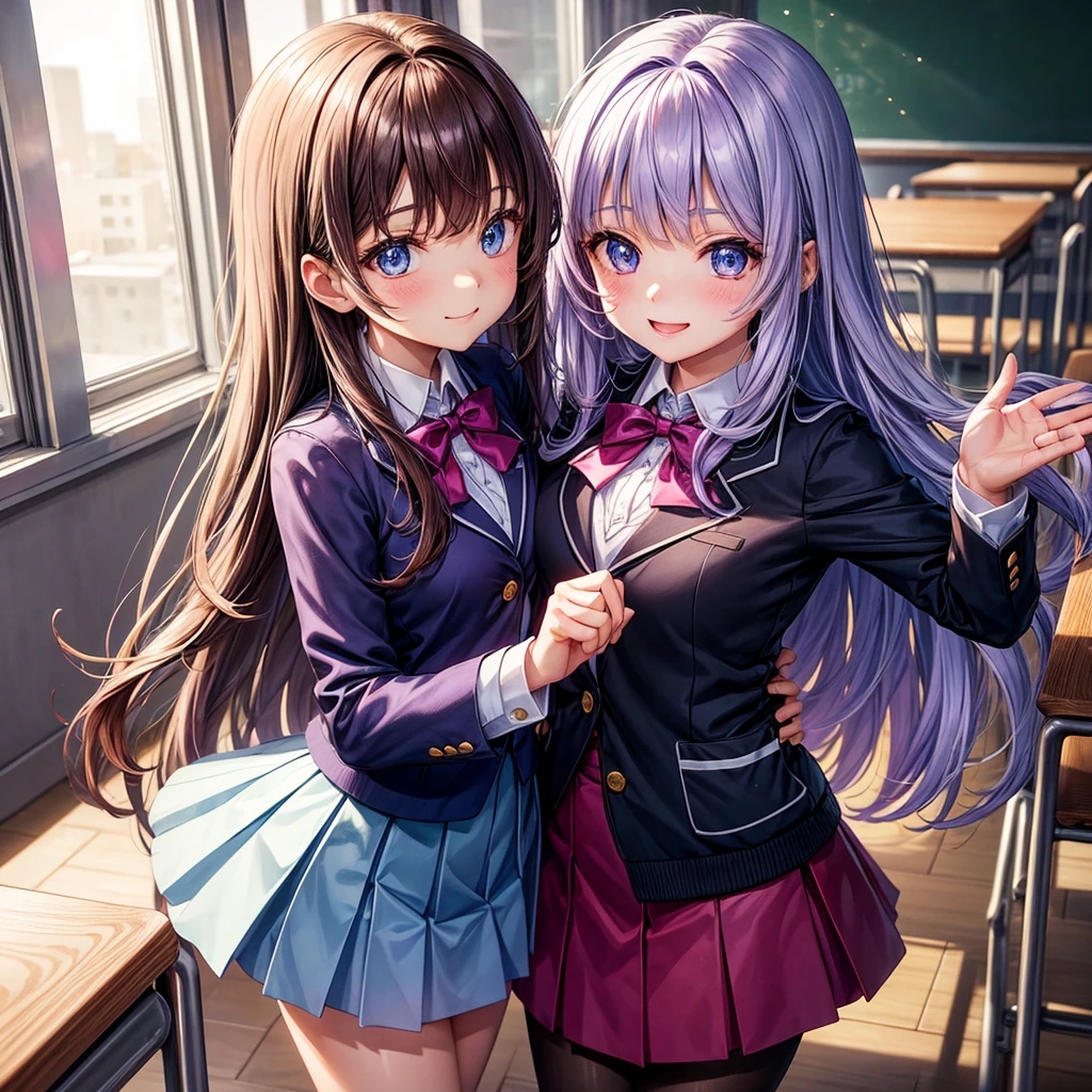 middle School girls,smile,Best Quality,cute制服,blazer,cardigan,8K,Highest quality,Long Hair,cute,fluffy,Angel,Long Hair,blue eyes,School,classroom,perfection,masterpiece,Have sparkling eyes,tights,Horny girl,Naughty Girls,美しいcute女の子,Horny girl,Brown Hair,Beautiful girl,Purple hair color,Latest Fashion, girl,
