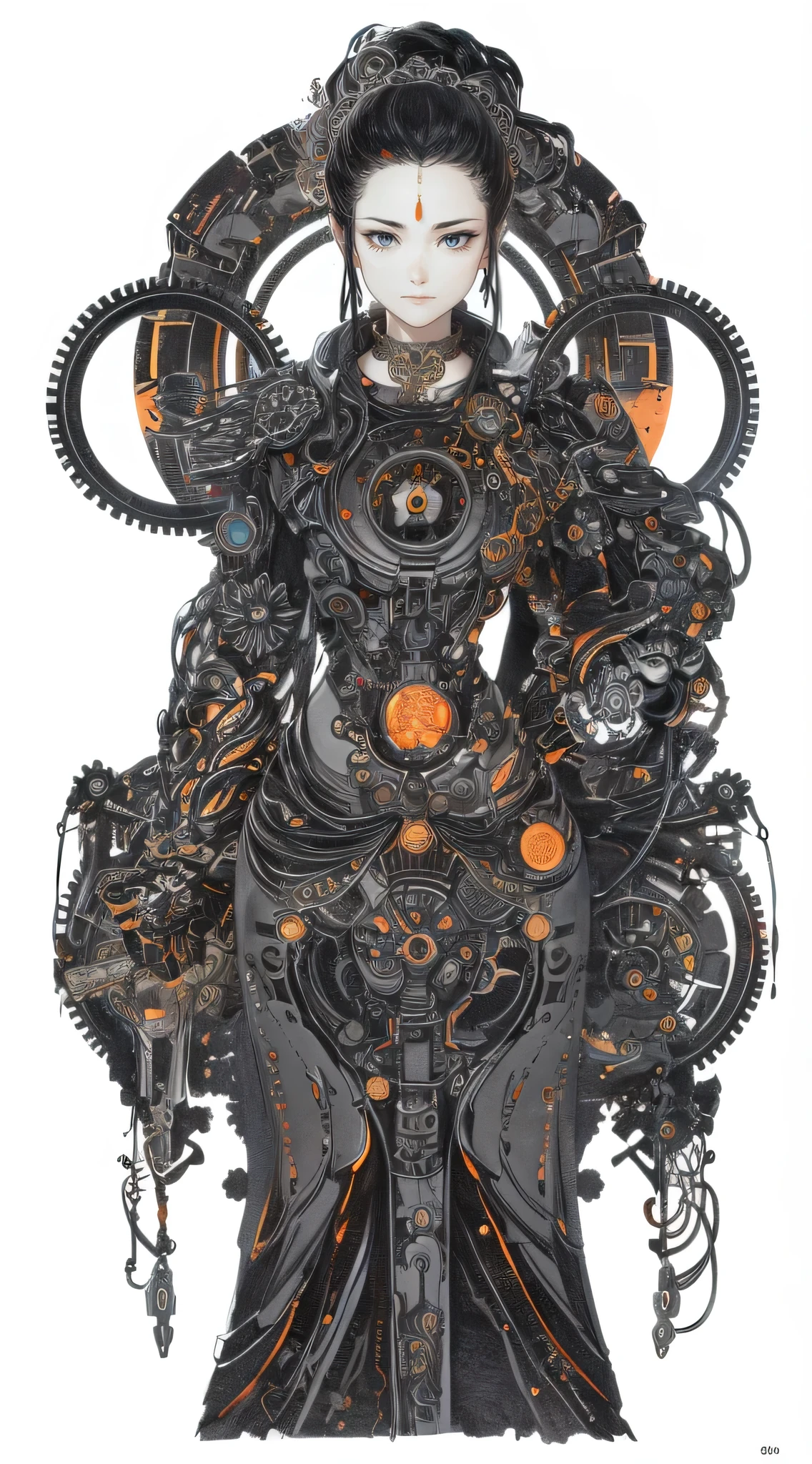 Create an intricate artwork featuring the figure of Guan Yin combined with mechanical elements. Guan Yin should have a realistic and detailed appearance, wearing traditional robes and a serene expression. Incorporate orange highlights in key parts of the design. The mechanical elements should blend seamlessly with the traditional form of Guan Yin, incorporating gears, levers, and other engineering components. Use dark black lines for the outlines and details, and keep the background white to emphasize the complexity and sophistication of the design. The overall style should evoke a steampunk or cyberpunk aesthetic.
