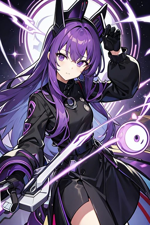 robot man, PURPLE HAIR, black hat, purple eyes