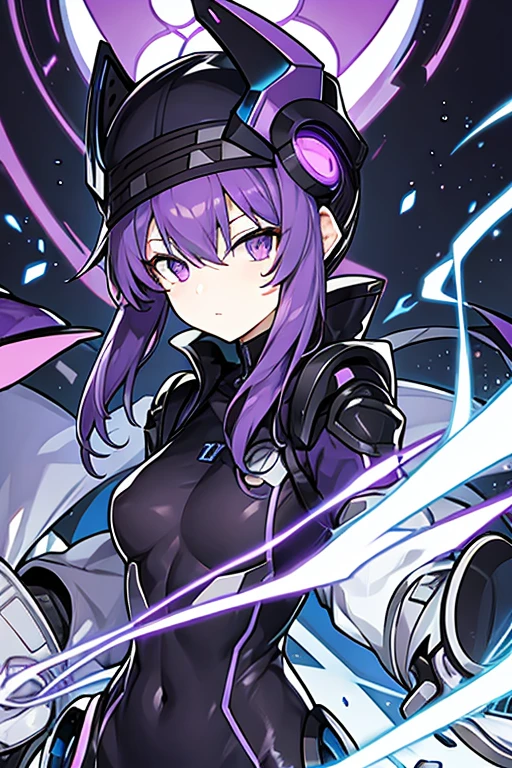 robot man, PURPLE HAIR, black hat, purple eyes