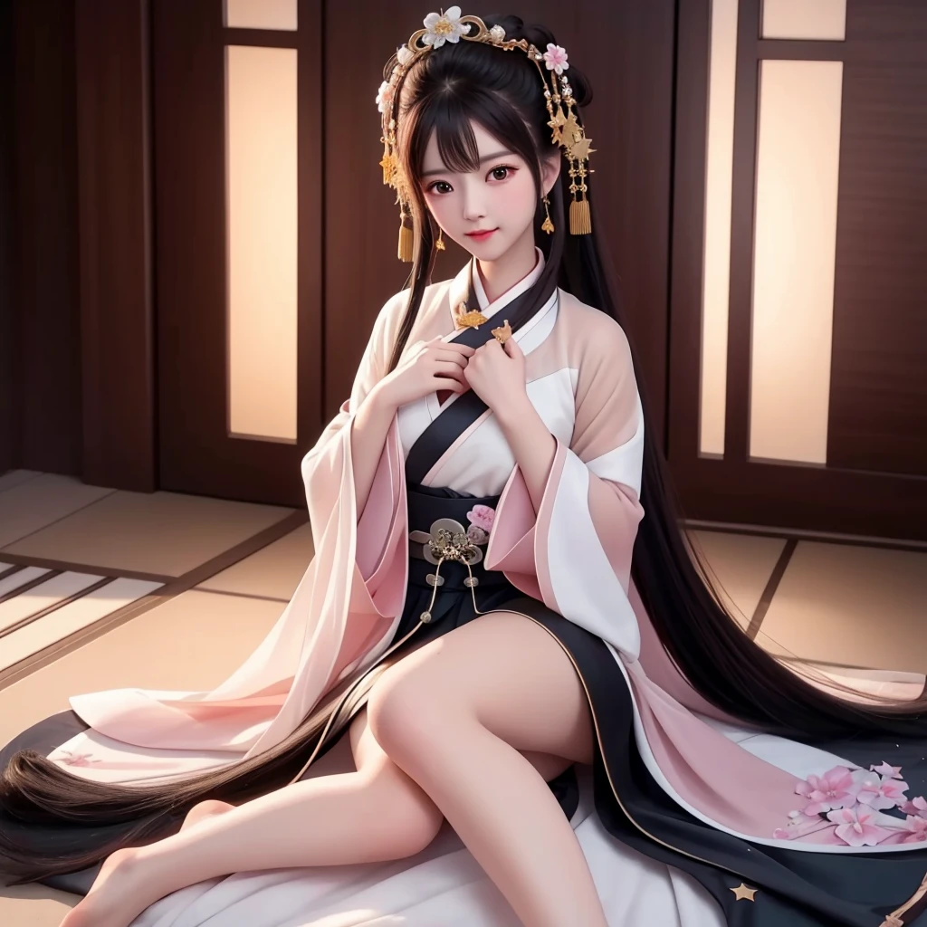 best quality, masterpiece, high resolution, 1 Girl,blush,(Charming smile:0.8),Star-shaped pupil, Deep black Chinese Hanfu, Pretty Face, Showing long legs, Hide your hands, barefoot, Chest opened, Sitting or lying down, whole body, Tyndall effect,Reality, Dark Studio, Rim Light, Two-tone lighting,(High Detail Skin:1.2), 8K uhd, Digital SLR Camera, Soft lighting, high quality, Volumetric Lighting, frank, photo, high resolution, 4K, 8K, Bokeh