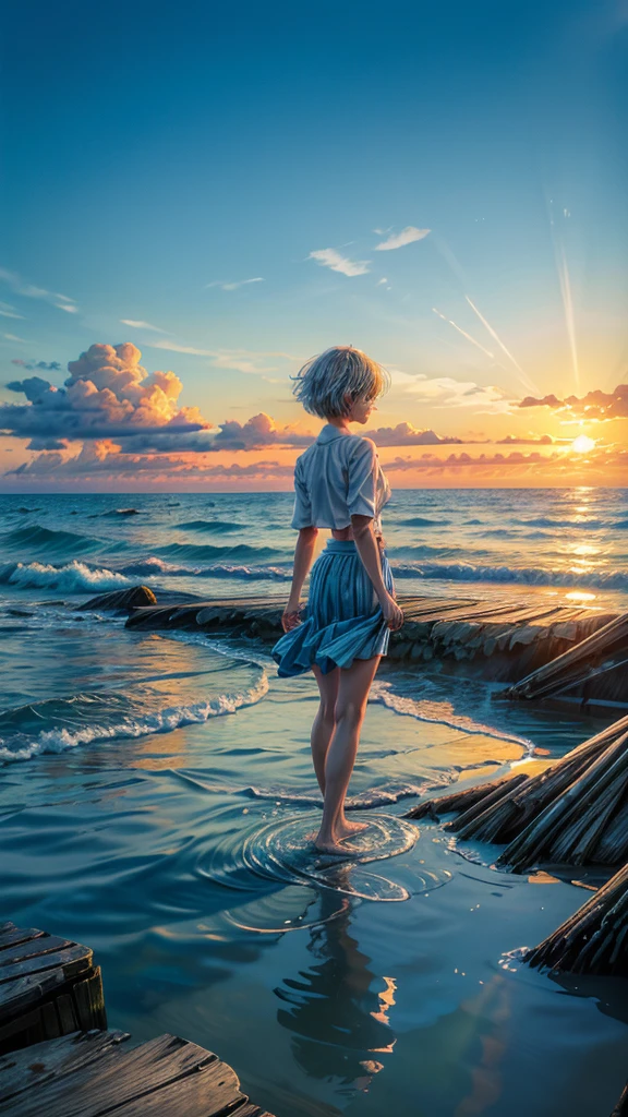 The image showcases a serene coastal setting with a solitary figure standing on a pier. The person is wearing a white shirt and a blue skirt,and their short hair is bobbed. They are facing away from the viewer,looking out over the vast blue ocean. The sky is partly cloudy,and the overall color palette is ted by blues,whites,and soft oranges. The sun casts a gentle glow,highlighting the water's reflections and the pier's details..,masterpiece, best quality, reflect, puppy dog is playing