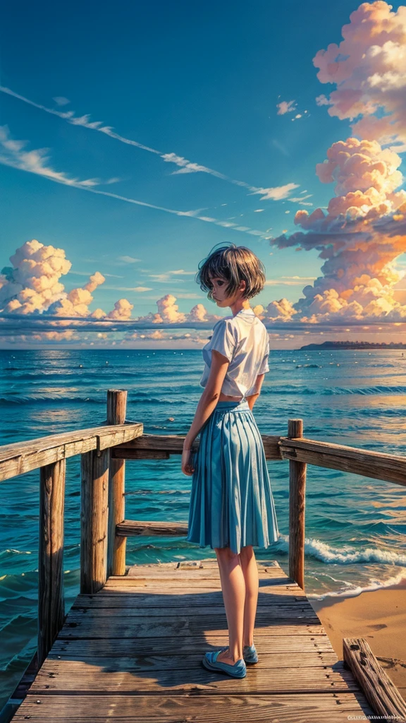 The image showcases a serene coastal setting with a solitary figure standing on a pier. The person is wearing a white shirt and a blue skirt,and their short hair is bobbed. They are facing away from the viewer,looking out over the vast blue ocean. The sky is partly cloudy,and the overall color palette is dominated by blues,whites,and soft oranges. The sun casts a gentle glow,highlighting the water's reflections and the pier's details..,masterpiece, best quality, reflect, puppy dog is playing