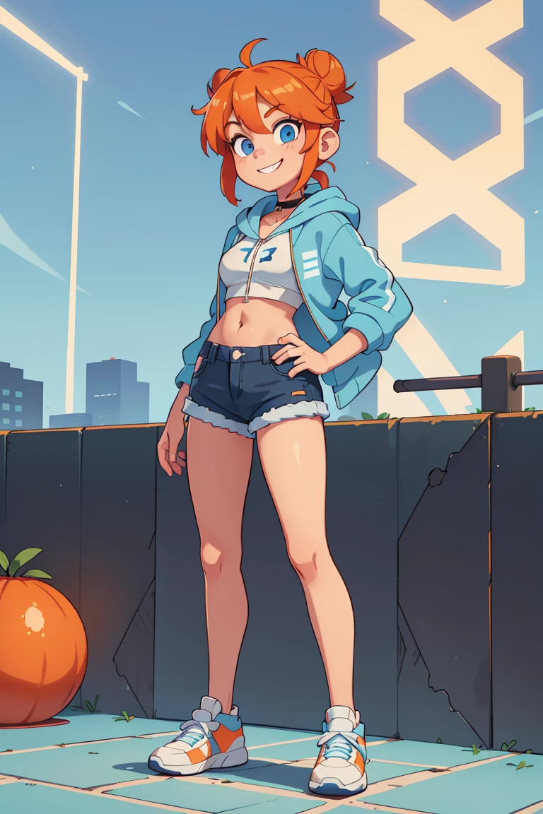 1girl, solo, orange hair, twin buns, blue eyes, eyeliner, light grin, medium breasts, white hoodie with light blue hood, black choker, denim shorts, light blue sneakers, frow below