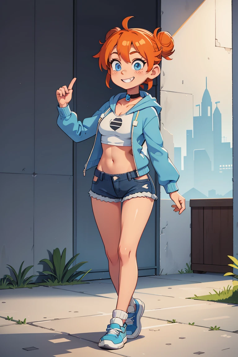 1girl, solo, orange hair, twin buns, blue eyes, eyeliner, light grin, medium breasts, white hoodie with light blue hood, black choker, denim shorts, light blue sneakers, frow below
