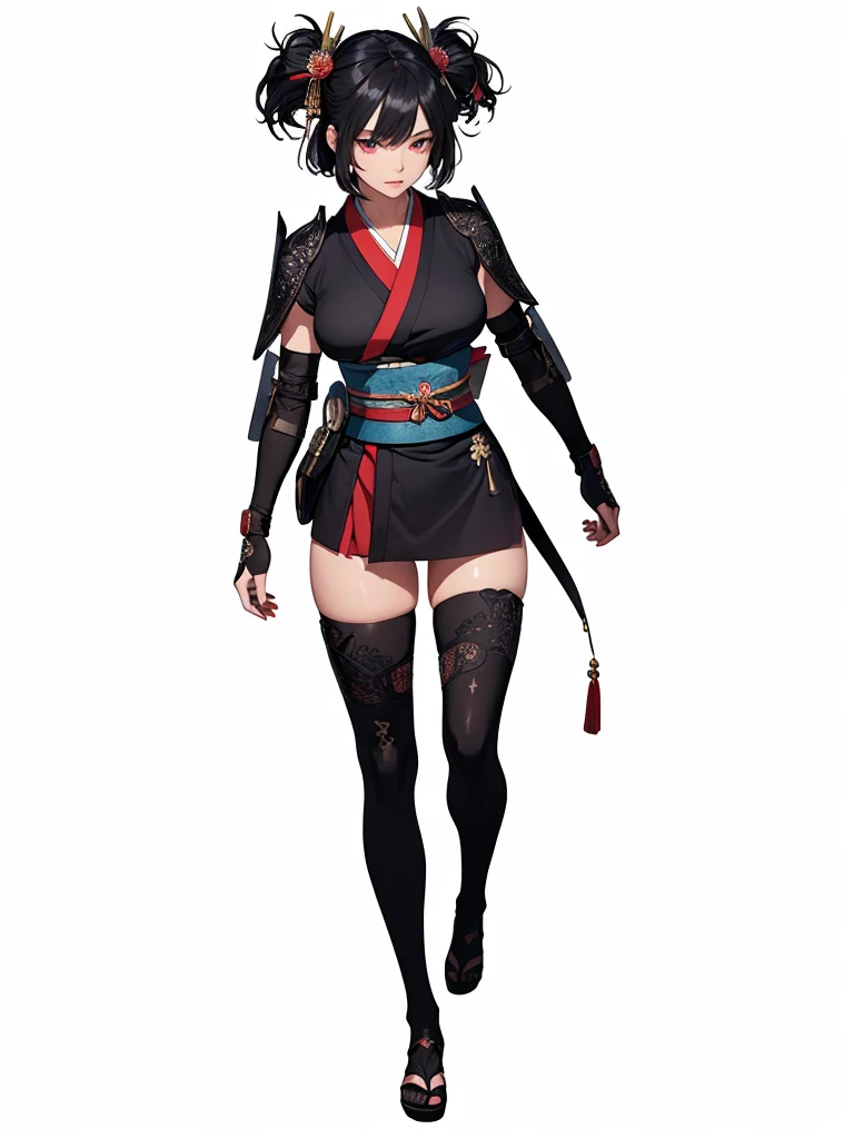 ((1girl, solo)), beautiful body, (perfect anatomy, perfect body, perfect hands, perfect legs), (five fingers:1.5), natural proportions, sexy body, (large breasts:1.5), cowboy shot BREAK 

((extremely detailed face)), (beautiful detailed eyes:1.6), (realistic pupils, realistic iris:1), expressive eyes, looking at viewer, (clear eyes:1.3), (hyperrealistic:1.2), (detailed skin texture:1.2), smooth skin, (black hair:1.5), (red eyes:1.3), (short hair:1.3), ((mature female)), (detailed lips:1.2), (attractive lips:1.1), (glossy lips:1.1), (parted lips), perfect face, perfect eyes BREAK

samurai, japanese clothes, (short kimono:1.5), puffy short sleeves, sash, black elbow gloves, fingerless gloves, (arm guard:1.5), thighs, black thighhighs, ass visible through thighs, jingasa BREAK

(masterpiece:1.5), anime-style, top quality, best quality, (beautiful and aesthetic:1.2), (ultra detail:1.5), Ultra-detailed depiction, Ultra-precise depiction, extremely detailed 8k illustration, high resolution, (highly detailed shading:1.2), (realistic lighting:1.4), perfect lighting, vibrant colors, dynamic tones, striking hues, 8k, absurd resolution, perfect shadows, hdr, UHD, ambient lighting, realistic, ultra-realistic, photo realistic, highly detailed, rich detail, luminous colors, fine texture, intricate design, professional illustration, (soft light:1.2), (illustration:0.7)