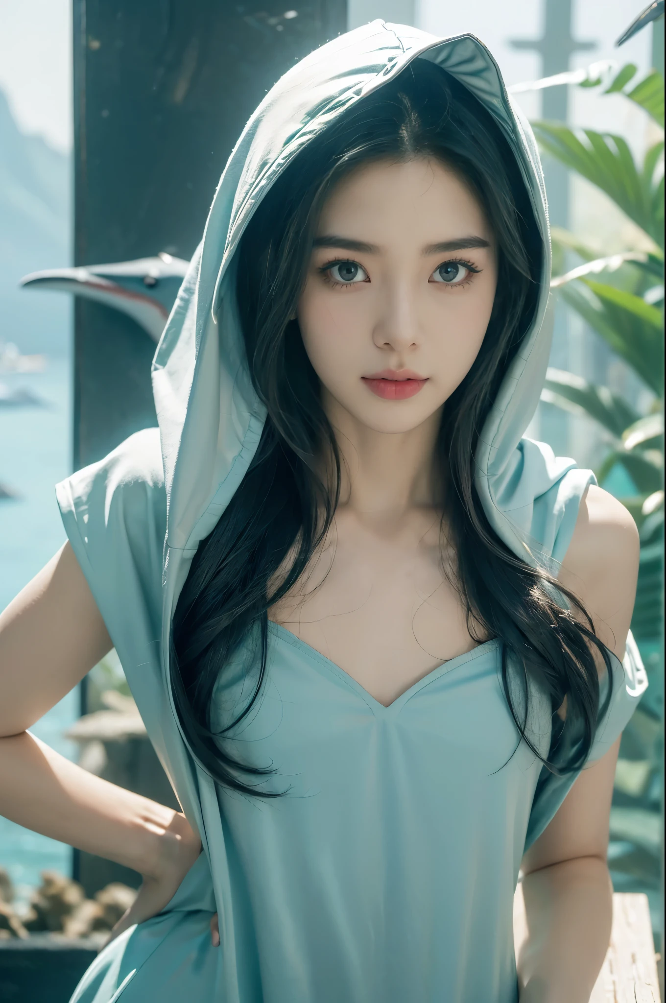 (((best quality))),(((ultra detailed))),(((masterpiece))),illustration,(1 beautiful girl,shark girl,solo),((slim,thin,small breasts,flat chest)),aquarium,summer night,(sleek sharkhead-hooded shirt-dress:1.3),shimmering hues,enchanting aura,(shoulder length straight bob hair:1.2),ocean-blue locks,shiny seaweed,porcelain skin,neon lights,emerald eyes,sharp gaze,delicate shark fin,translucent membrane,dancing fish,vibrant colors,undulating water,salty scent,distant waves,coral reef,gentle shadows,serene ambiance,electric atmosphere,Alezandra,oceanic magic,allure,enchantment,vision,extraordinary presence,((from front,upper body))
