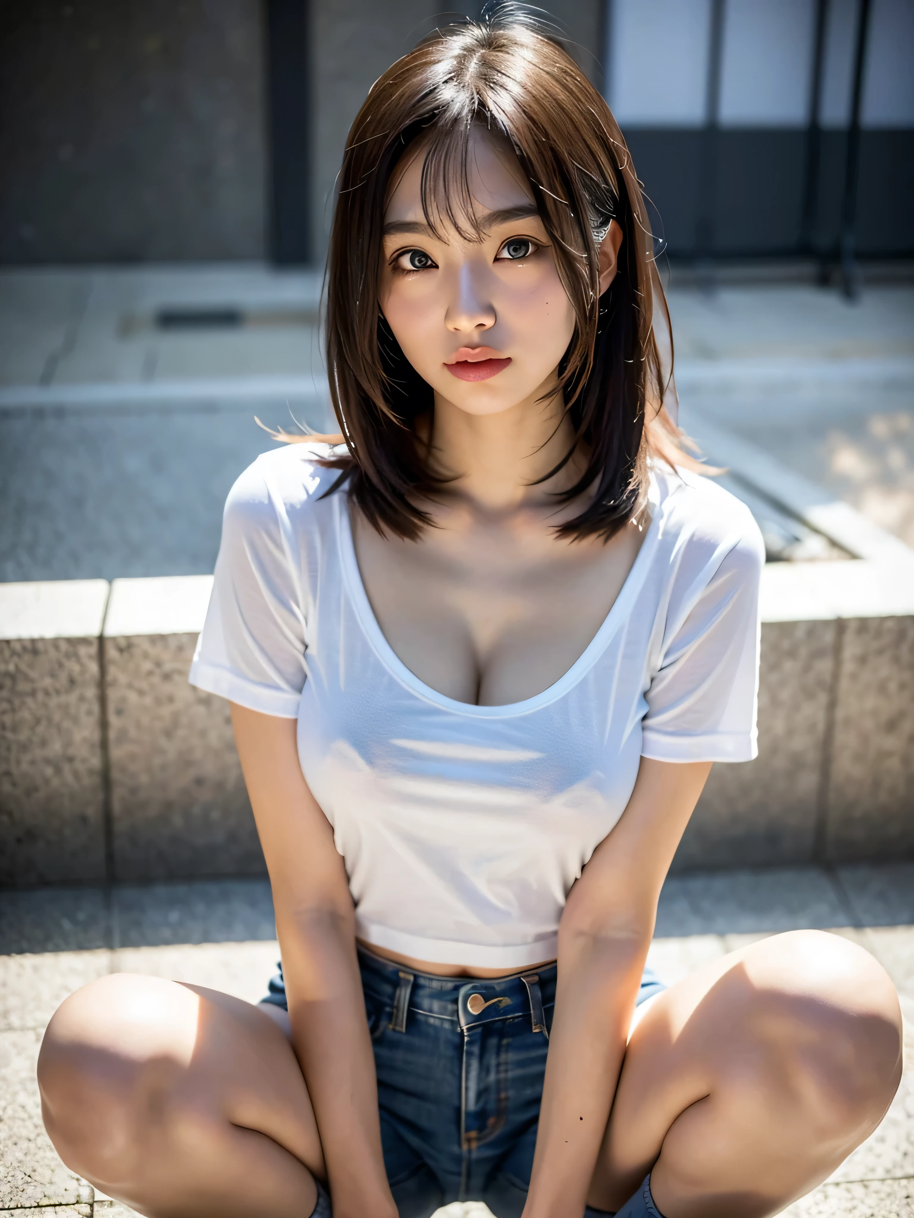Wet clothes are soaked . Gym suit .uniform. Sitting on a triangle, full body .See-through. top-quality、超A high resolution、(Photorealsitic:1.4)、8K resolution、1 girl、(Random hair:1.3)、(Realistic hair:1.2)、(japanesgirl:1)、(realisticeyes:1.2)、(Beautiful face: 1.3)、Slim body、White glowing skin、large full breasts、cleavage of the breast、(duck face:1.2)、(Middle corner:1.3)、(White T-shirt and short jeans)、(selfee:1.3)