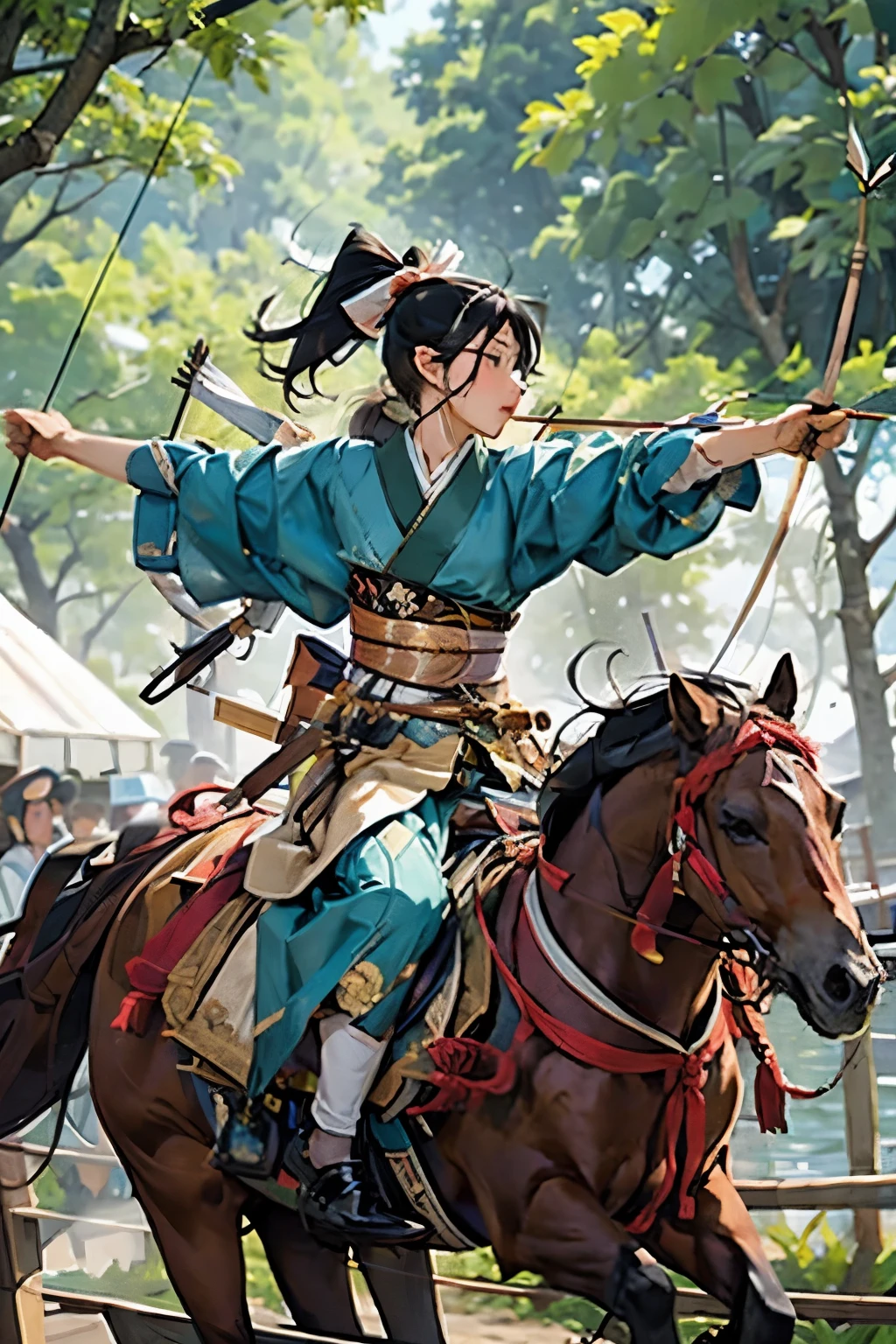 (masterpiece, best quality:1.2), yabusame,(masterpiece, best quality:1.2), yabusame, beautiful girl, horseback riding, (from right side:1.2), (holding bow in left hand:1.2), long bow, (holding arrow:1.2), (kaburaya:1.2), kyudou-hikiwake, outstretched arm, black igote, deerskin mukabaki, galloping horse, red munagai, sea side,