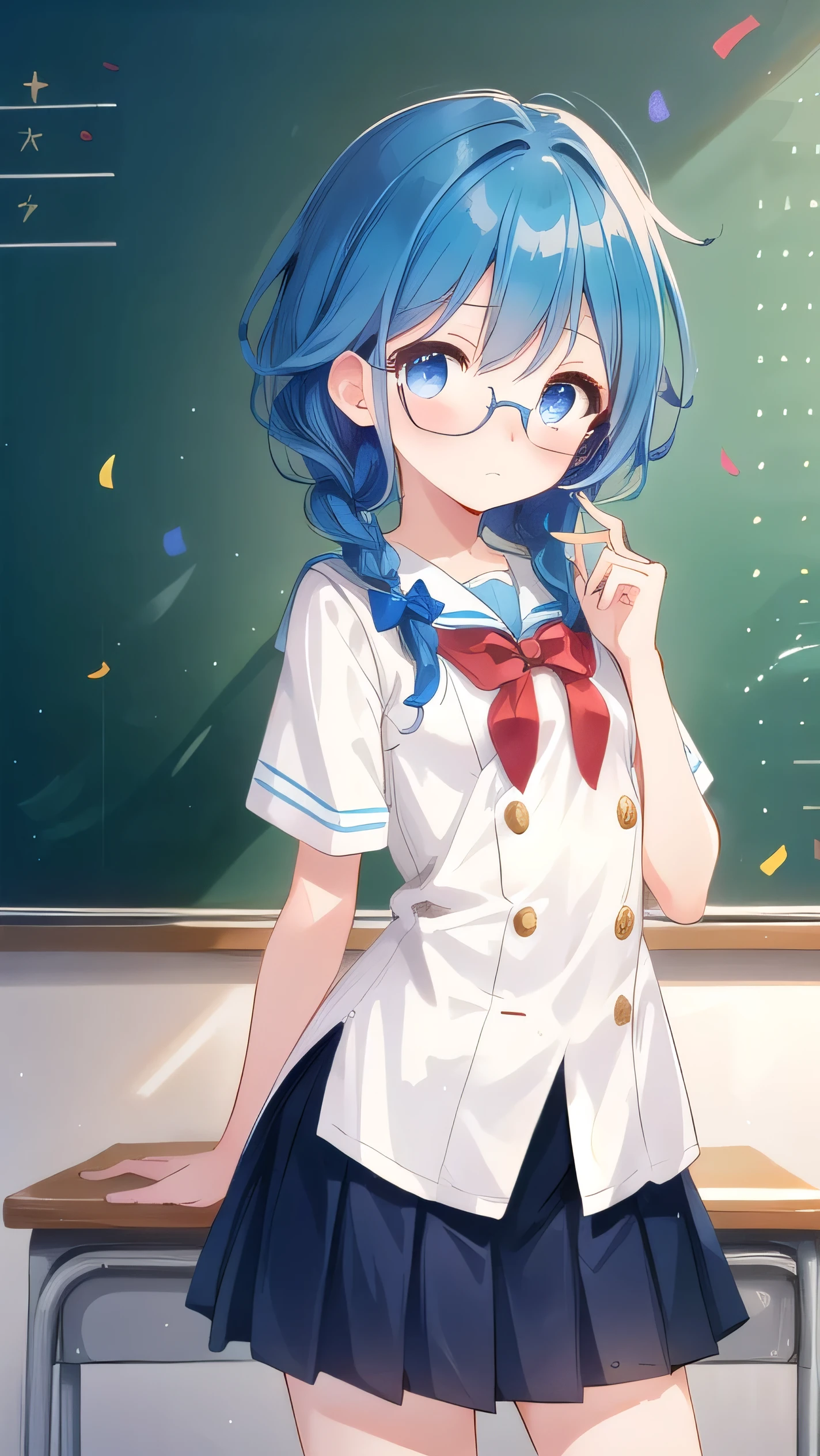 small breasted girl, short, elementary school student, blue hair, single braid, blue eyes, round eyes, shy, shy, classroom, short, young face, short height, , glasses with no edges,flat chest,