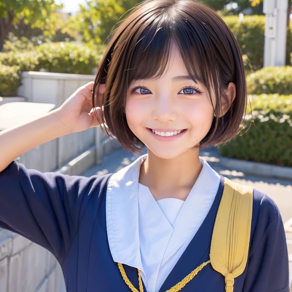 ((Highest quality、8K、Masterpiece:1.3)), Japanese girl、Short Bob Hair、Wearing a sailor uniform、Guts pose、A confident smile、A happy look、On the way home from school、The face and skin textures are highly detailed。