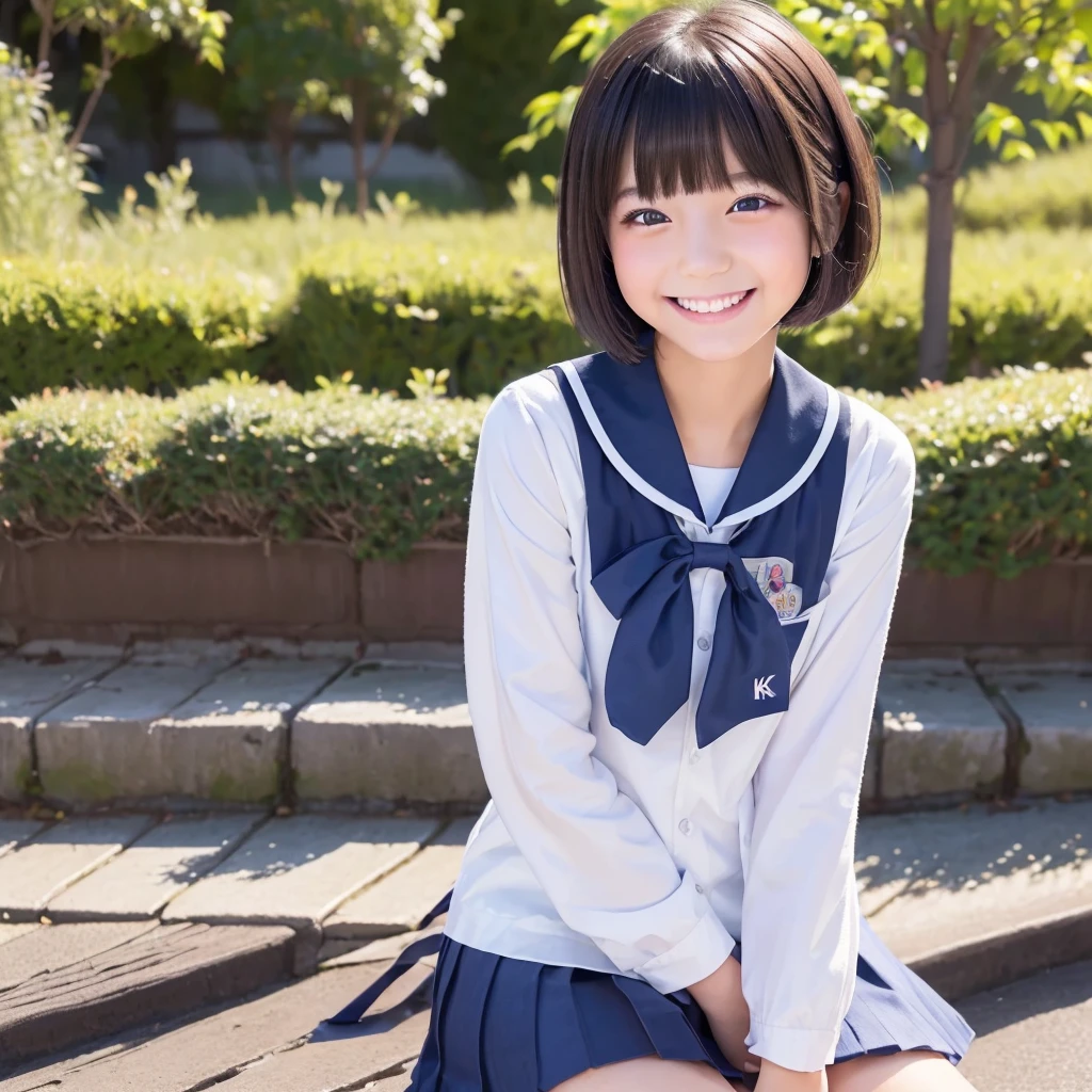 ((Highest quality、8K、Masterpiece:1.3)), Japanese schoolgirl、Short Bob Hair、Wearing a sailor uniform、Guts pose、A confident smile、A happy look、On the way home from school、The face and skin textures are highly detailed。