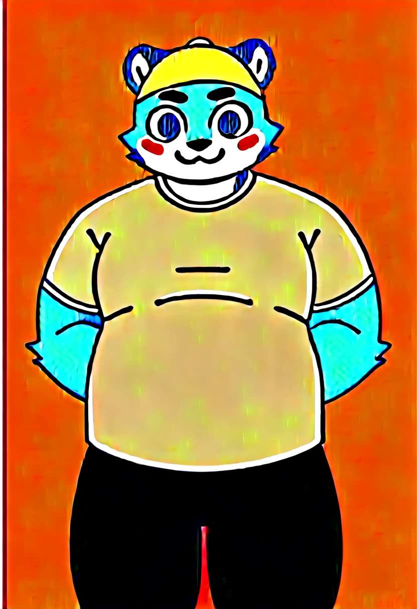New Jersey 5 Furry,snow leopard，Solitary，Wildlife，Chubby, Abdominal muscles，Thick Arms，Chubby身材，Chubby脸，Black eyebrows，blue eyes，young，luxurious，blush，Smile，（countryside，village），（White shirt，Black pants，straw hat），（Sweat）,From Zixiong, Takemoto Arashi