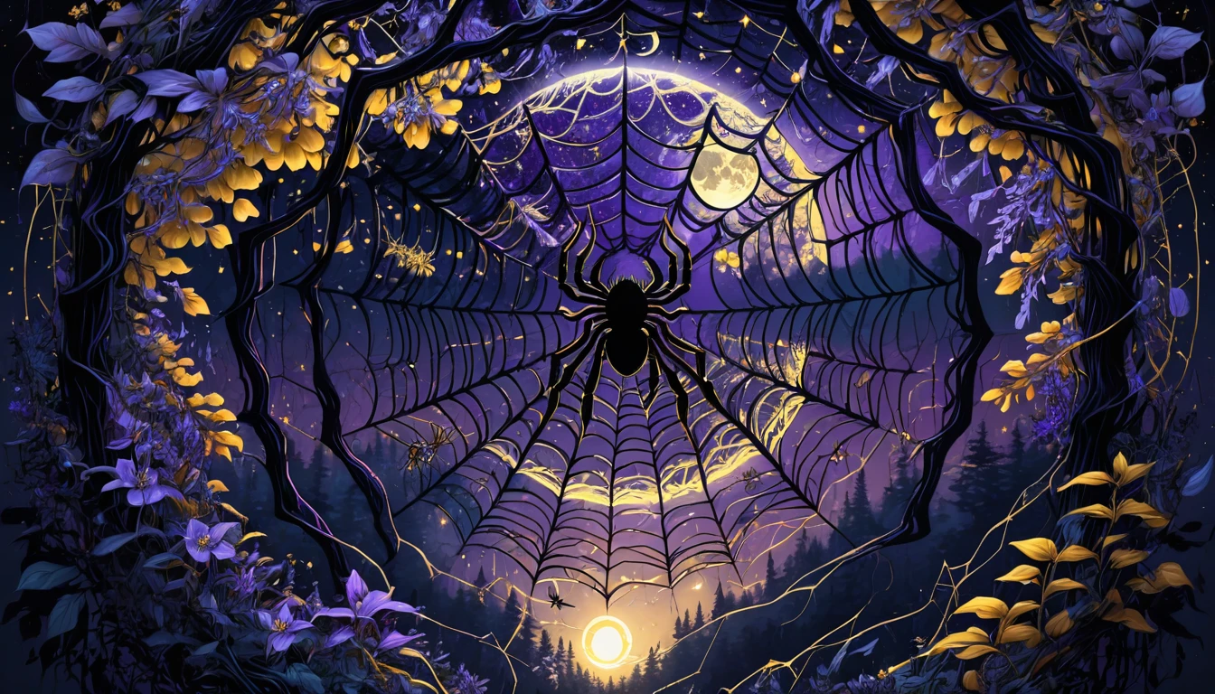 a detailed spider web, haunting dark forest, glowing purple and golden flowers, bright full moon
