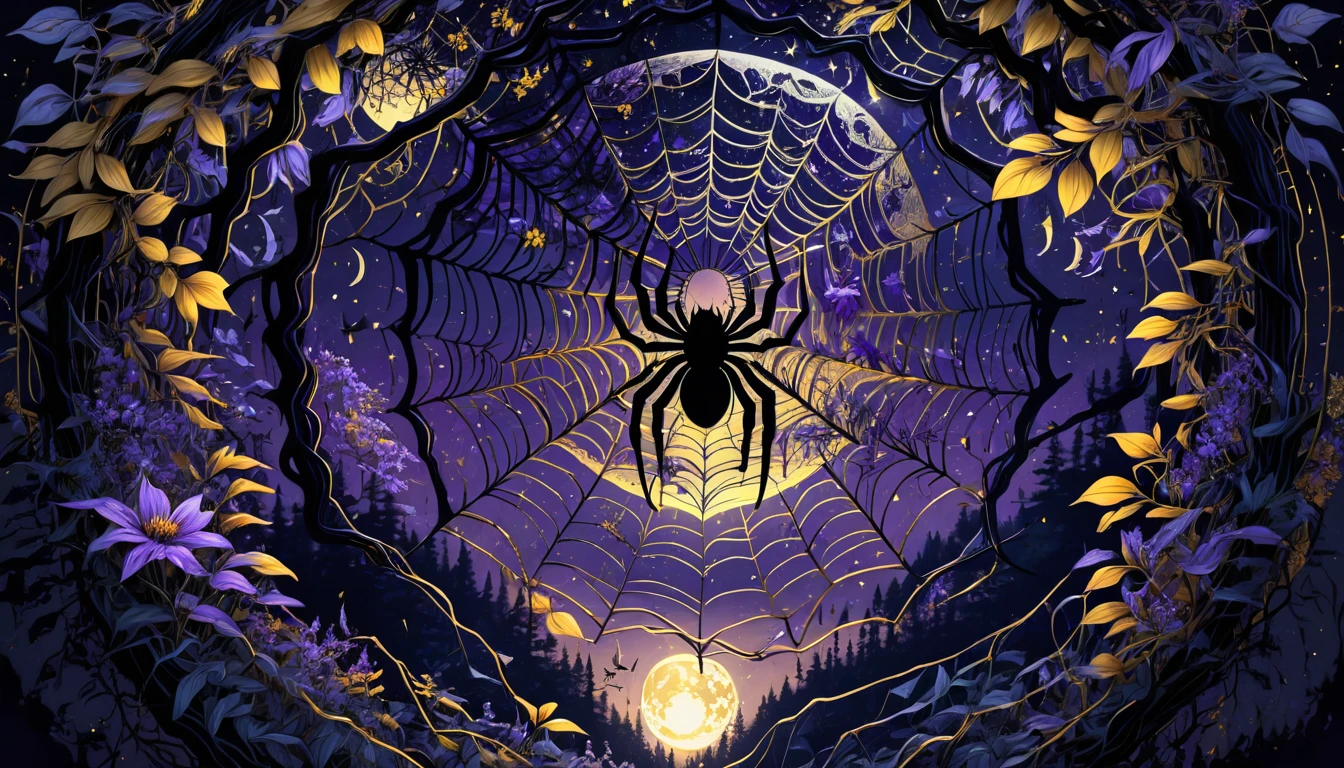 a detailed spider web, haunting dark forest, glowing purple and golden flowers, bright full moon