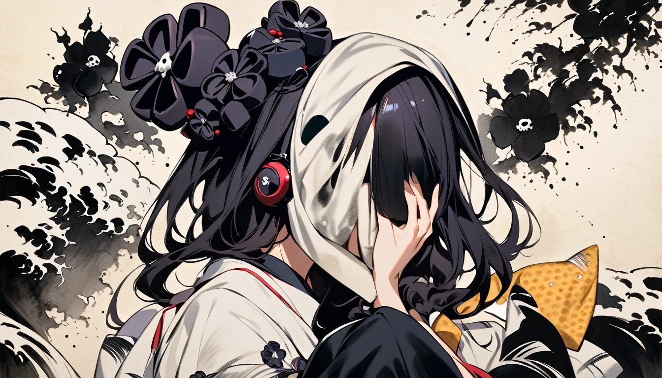 (((Cover your entire face with a skull mask))), (((Katsushika Hokusai))), (((Ink Painting))), ((very straight longhair)), ((1 girl)), Japanese style headphones, Black Hair