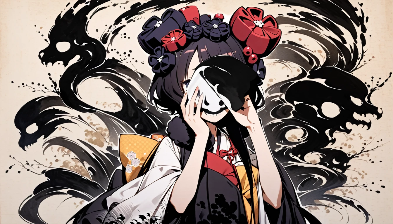 (((Cover your entire face with a skull mask))), (((Katsushika Hokusai))), (((Ink Painting))), ((very straight longhair)), ((1 girl)), Japanese style headphones, Black Hair
