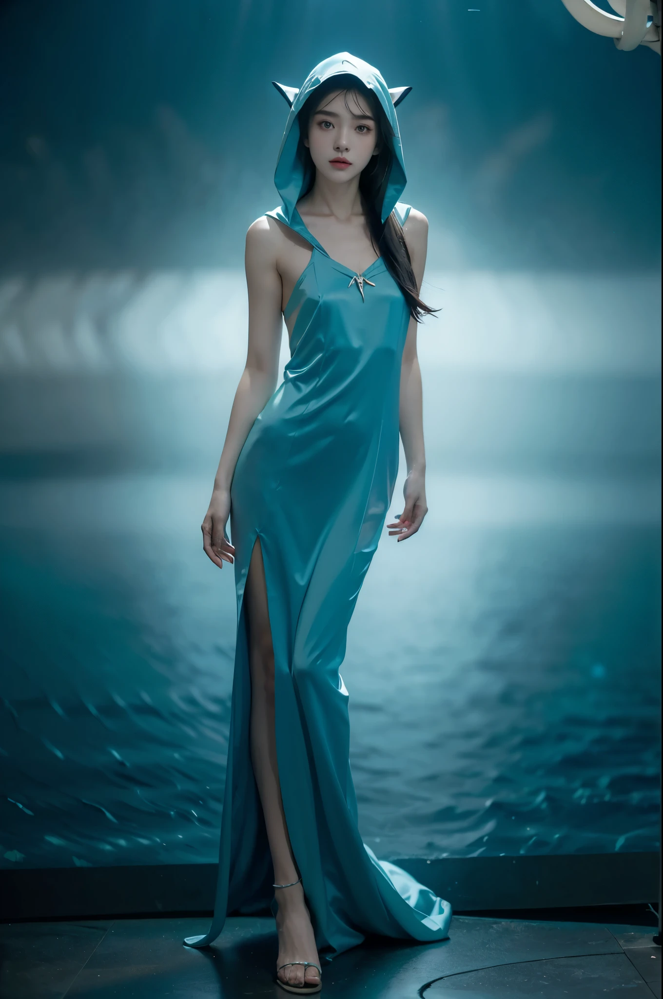 (((best quality))),(((ultra detailed))),(((masterpiece))),illustration,(1 beautiful girl,shark girl,solo),((slim,thin,small breasts,flat chest)),aquarium,summer night,(sleek sharkhead-hooded shirt-dress:1.3),shimmering hues,enchanting aura,(shoulder length straight bob hair:1.2),ocean-blue locks,shiny seaweed,porcelain skin,neon lights,emerald eyes,sharp gaze,delicate shark fin,translucent membrane,dancing fish,vibrant colors,undulating water,salty scent,distant waves,coral reef,gentle shadows,serene ambiance,electric atmosphere,Alezandra,oceanic magic,allure,enchantment,vision,extraordinary presence,((from front,full body,arms behind back))