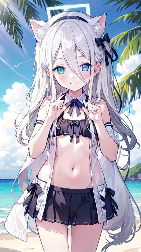 Bikini，White hair，Long hair，Cat ear，Heterochromia blue-yellow，Smile，Female face，There are bright spots in the eyes，Female hands，White little hands，Normal fingers，flat chest，Solitary，Summer，Beach，Halo