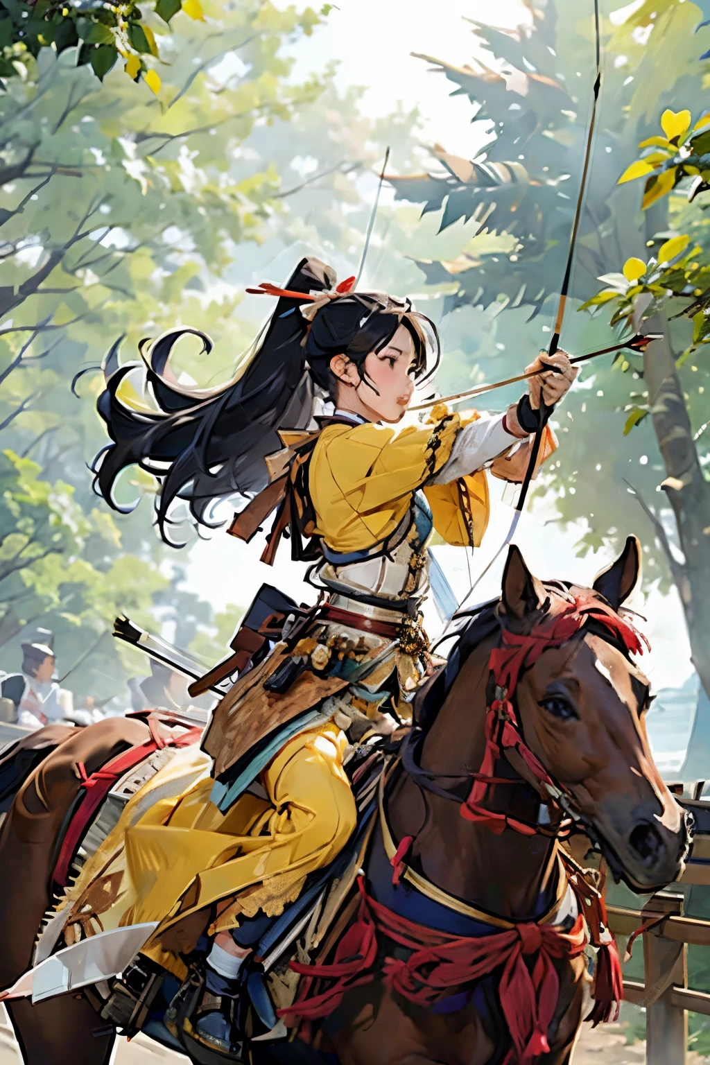 (masterpiece, best quality:1.2), yabusame,(masterpiece, best quality:1.2), yabusame, beautiful girl, horseback riding, (from right side:1.2), (holding bow in left hand:1.2), long bow, (holding arrow:1.2), (kaburaya:1.2), kyudou-hikiwake, outstretched arm, black igote, deerskin mukabaki, galloping horse, red munagai, sea side,