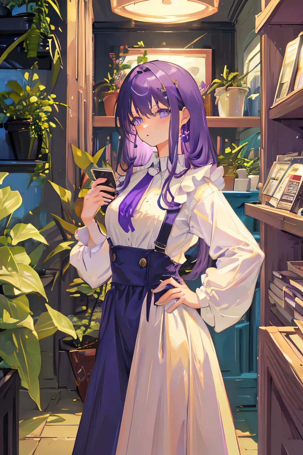 woman with purple hair and silver eyes. she is working in a bookstore with plants and crystals on the walls. she has on a long overall dress and a white blouse