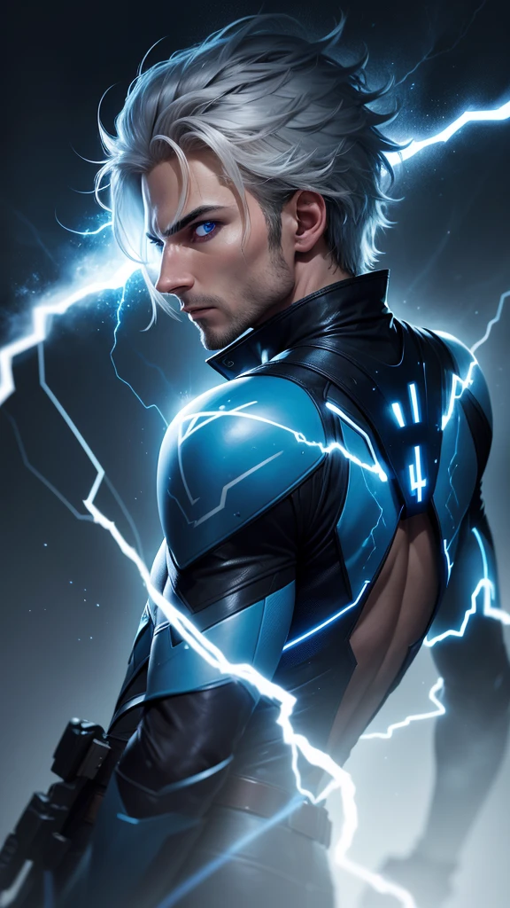 create an image of a man looking back and from his eyes lighting up blue with small lightning bolts, The light radiated sharply from his eyes