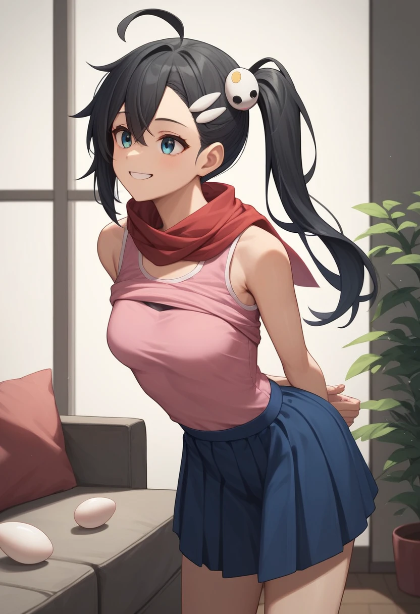 One girl, alone, View your viewers, araragikaren,Long Hair, Black Hair,Pink sleeveless, blue skirt, skirt, Medium chest, Ahoge, Side Ponytail, Asymmetrical Hair, egg hair ornament, Red scarf,
internal, living room, Cowboy Shot, smile, (Put your hands behind your back, Leaning forward),Shirt lift(Up to the chest),skirtリフト,