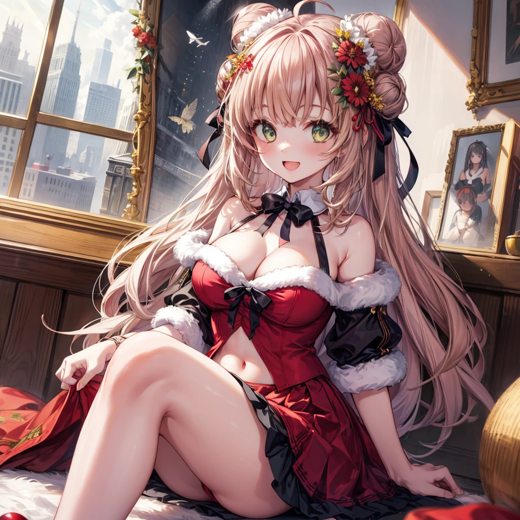 ((Highest quality)), ((masterpiece)), (detailed), the girl in a santa costume is sitting on the floor with all of her ornaments, 1girl, breasts, black ribbon, 独奏, long hair, hair bun, green eyes, cleavage, ribbon, sitting, double bun, navel, looking at viewer, smile, hair ornament, open mouth, ahoge, skirt, bell, hair flower, flower, red skirt