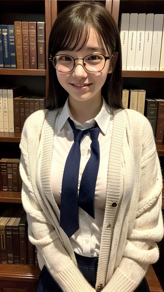 、cardigan、、White shirt、tie、The dark library、Surrounded by bookshelves、Library Committee Member、Glasseiddle school students、Big Breasts、Natural smile、Feeling embarrassed、Deep valley、Plain girl、13 years oldarrassed、Embarrassed、、Attractive breasts、delicate、Slender、Short height、sexy、Plain face、Glassesの13 years old
