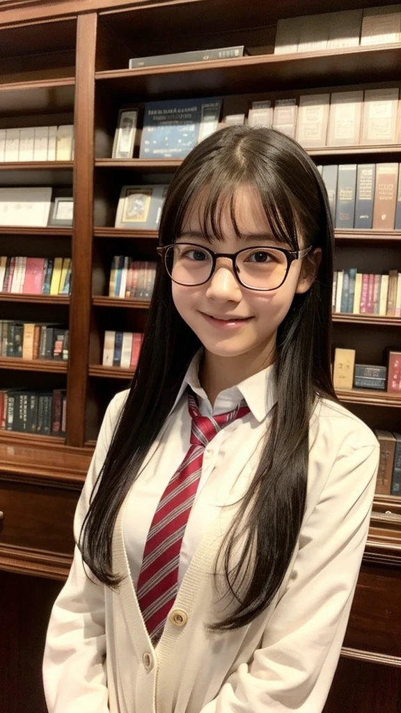 13 years old、cardigan、、White shirt、tie、The dark library、Surrounded by bookshelves、Library Committee Member、Glasseiddle school students、Big Breasts、Natural smile、Feeling embarrassed、Deep valley、Plain girl、13 years old、Feeling embarrassed、Embarrassed、、Attractive breasts、delicate、Slender、Short height、sexy、Plain face、Glassesの13 years old
