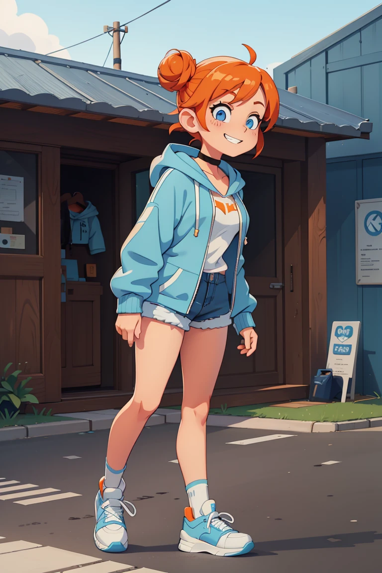 1girl, solo, orange hair, twin buns, blue eyes, eyeliner, light grin, medium breasts, white hoodie with light blue hood, black choker, denim shorts, light blue sneakers, frow below