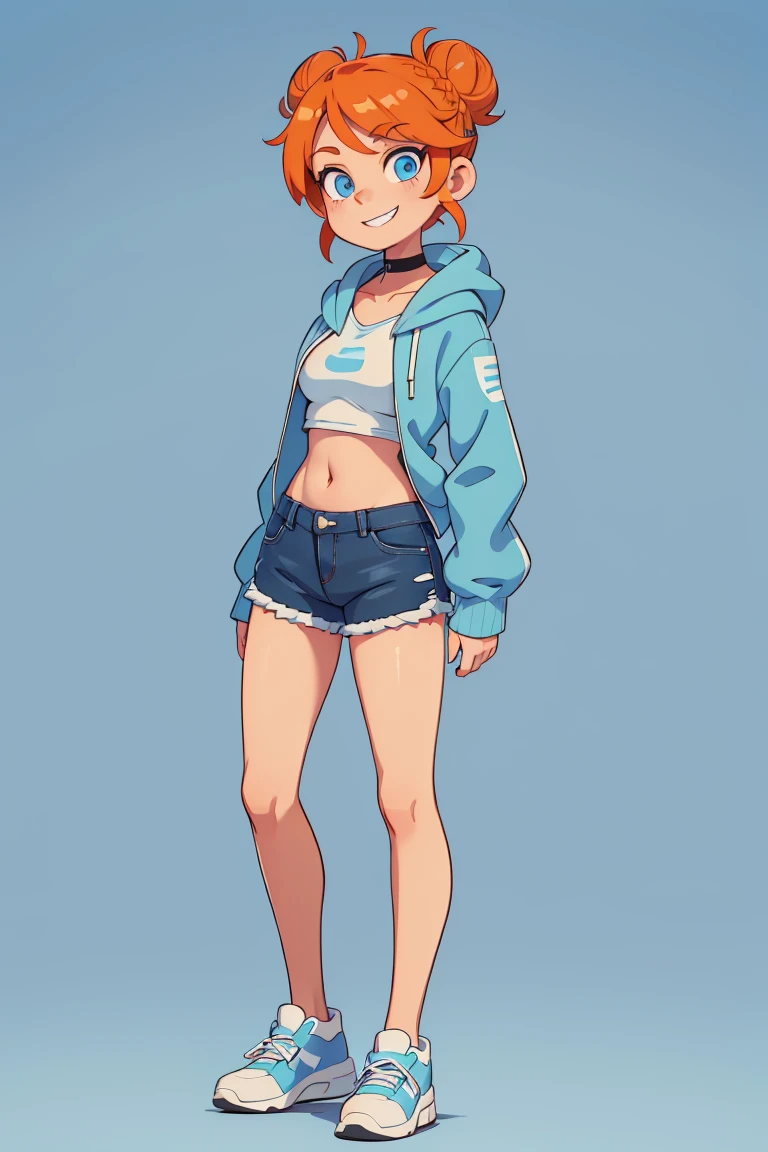 1girl, solo, orange hair, twin buns, blue eyes, eyeliner, light grin, medium breasts, white hoodie with light blue hood, black choker, denim shorts, light blue sneakers, frow below