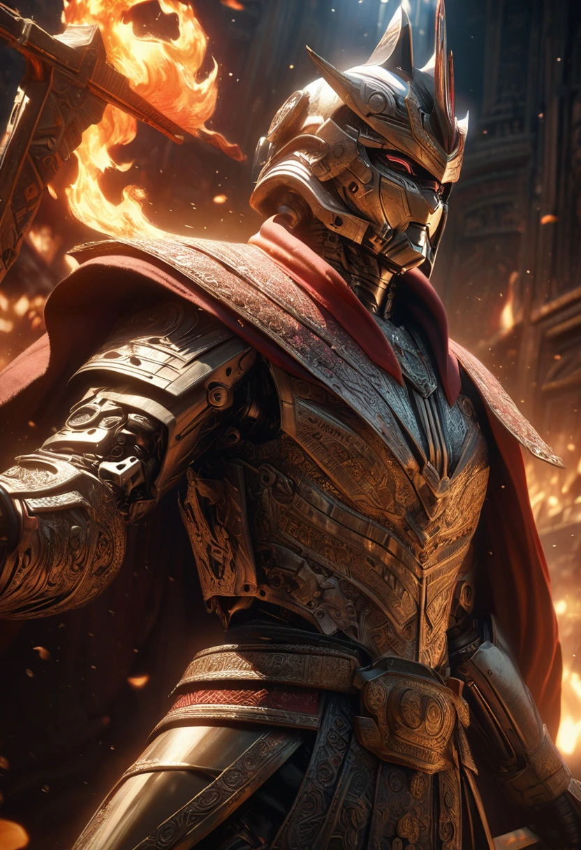 A detailed, cyborg-inspired kamen rider in traditional Indonesian costume, intricate ornate armor, lotus flower motifs, dramatic lighting, highly realistic, cinematic, award-winning digital art, 8K, photorealistic, volumetric lighting, hyper detailed, holding sword, fire element, froster, king