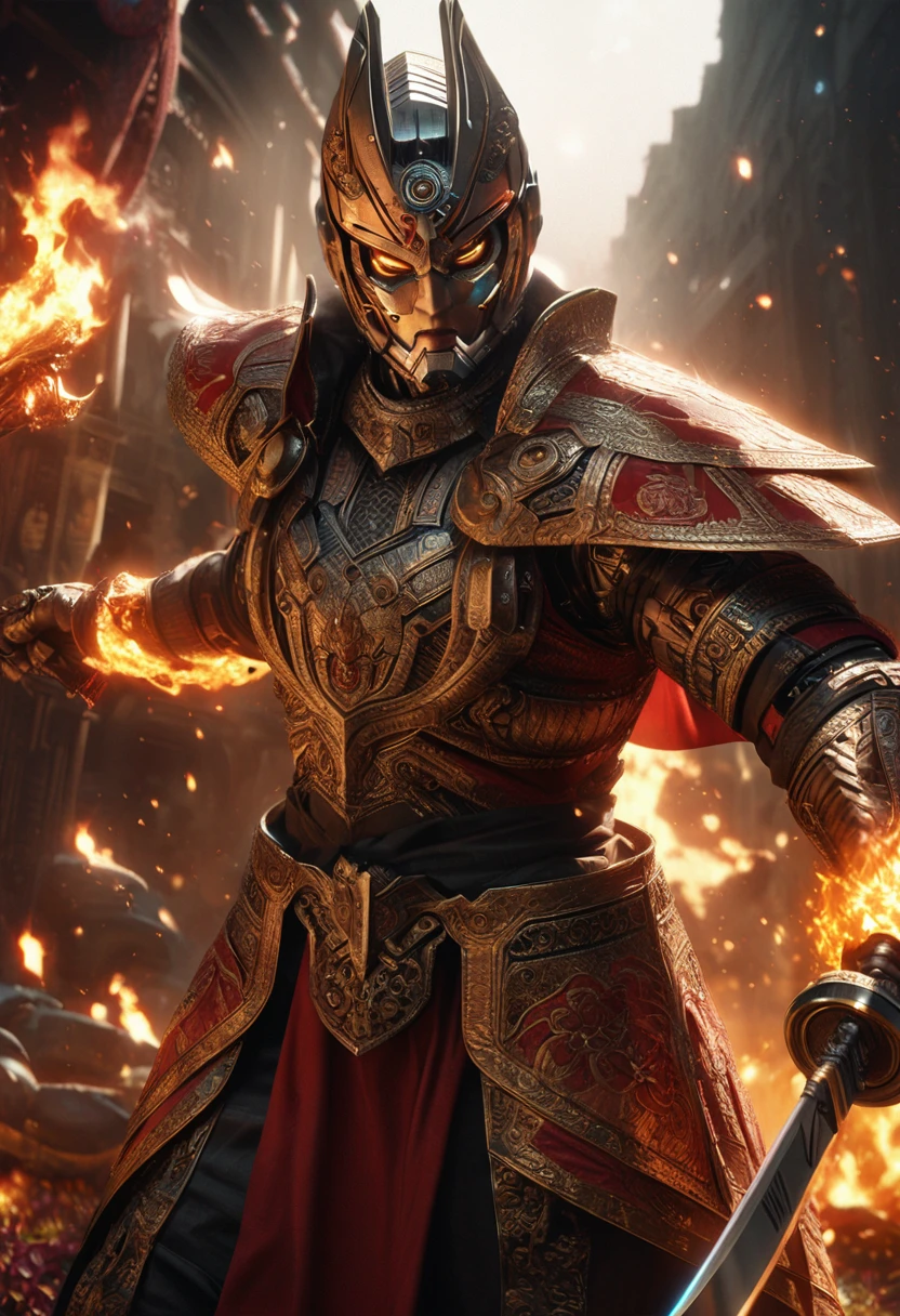 A detailed, cyborg-inspired kamen rider in traditional Indonesian costume, intricate ornate armor, lotus flower motifs, dramatic lighting, highly realistic, cinematic, award-winning digital art, 8K, photorealistic, volumetric lighting, hyper detailed, holding sword, fire element, froster, king