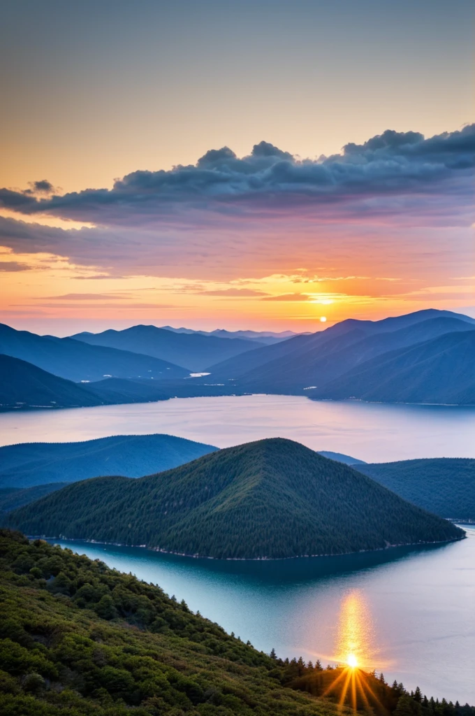 Stunning sunset views,On the calm lake,Surrounded by majestic mountains,Breathtaking. In the center of the image, Standing alone,Hands together,Close your eyes,Engage in deep meditation. Just above them, Artistic Expressions of God, Surrounded by a sacred aura, Watching with compassion those who are meditating. The golden light of the setting sun bathes this beautiful scene, Create tranquility、Atmosphere