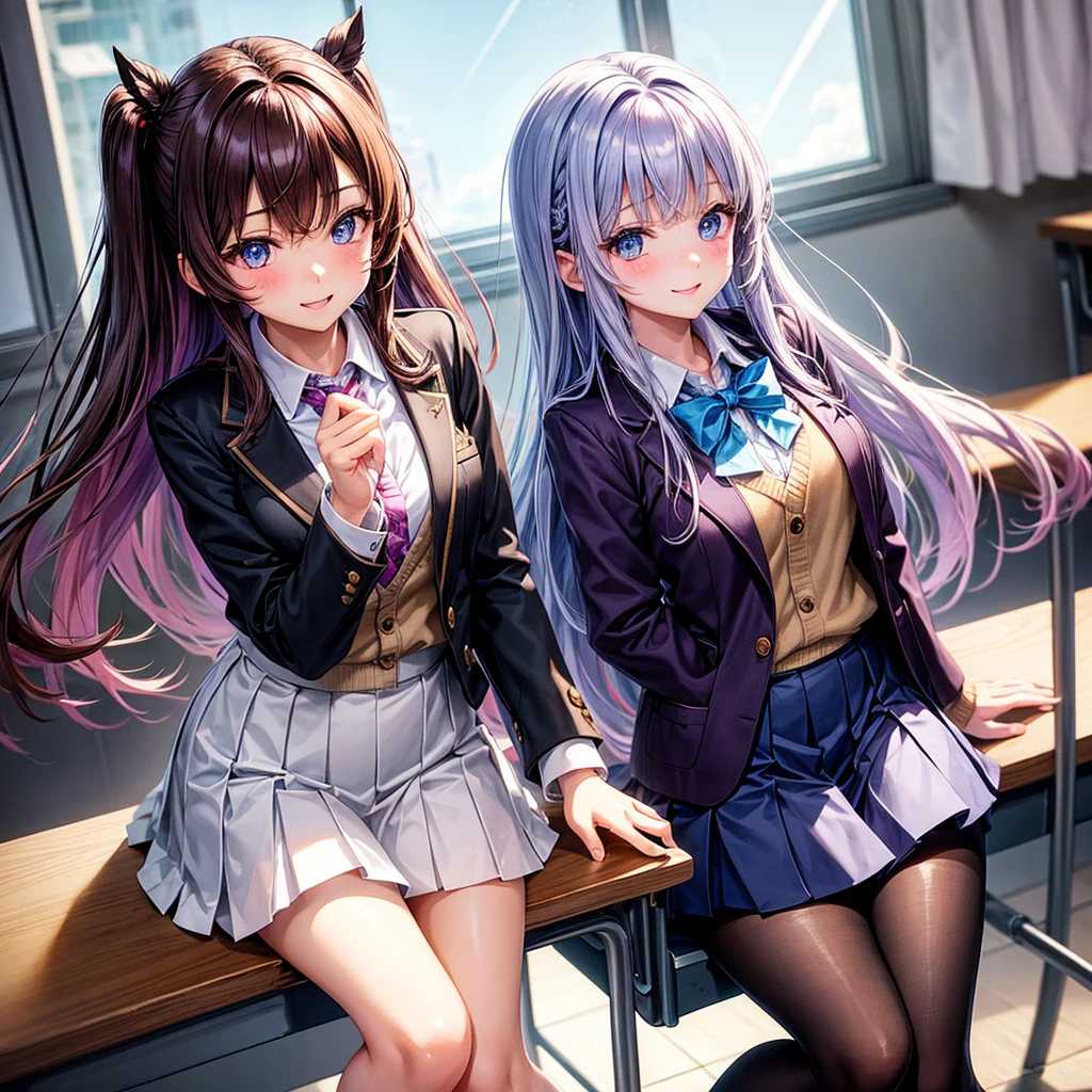 middle School girls，smile，Best Quality，High-dimensional beautiful girl，Multidimensional beautiful girl，Multiple girls，cute制服，blazer，cardigan，8K，Highest quality，Long Hair，cute，fluffy，Angel，Long Hair，blue eyes，School，classroom，perfection，masterpiece，Have sparkling eyes，tights，Horny girl，Naughty Girls，美しいcute女の子，Horny girl，Brown Hair，Beautiful girl，Purple hair color，Latest Fashion， girl，
